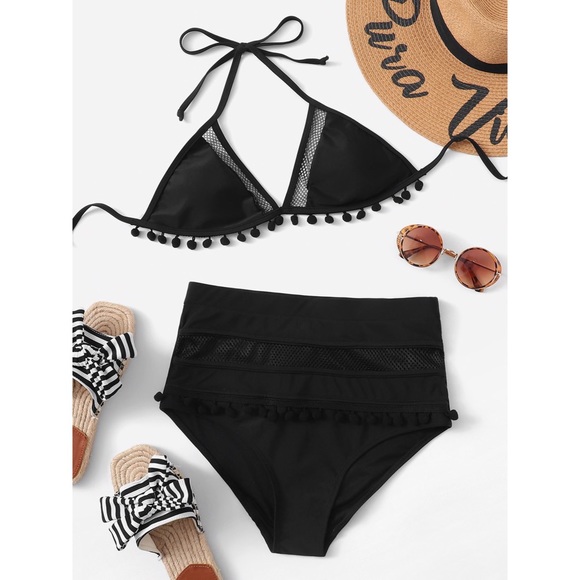 Pom pom high waisted bikini black mesh swimsuit - Picture 3 of 4